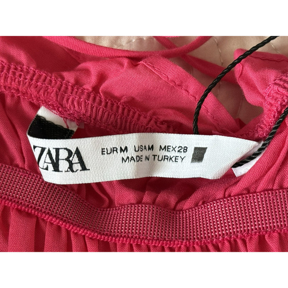Zara NWT Hot Pink Mini Babydoll Sundress Ruffle Trim Spaghetti Tie Strap Sz M - Picture 8 of 16